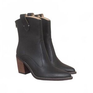 Black Leather Mid-Calf Block Heel Boots - Vegan Leather